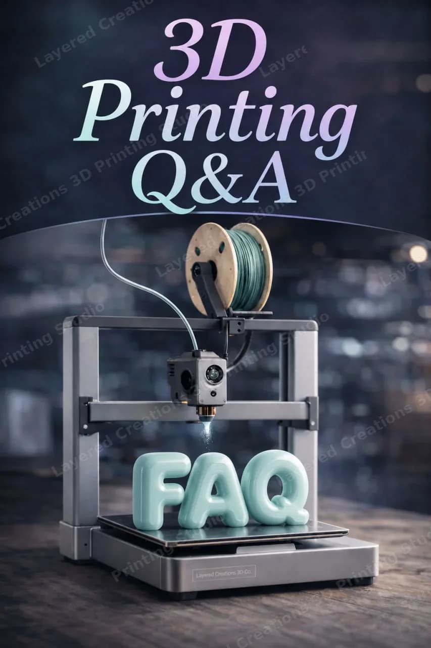 3D Printing Q&A — a 3D printer printing the letters FAQ on its build plate