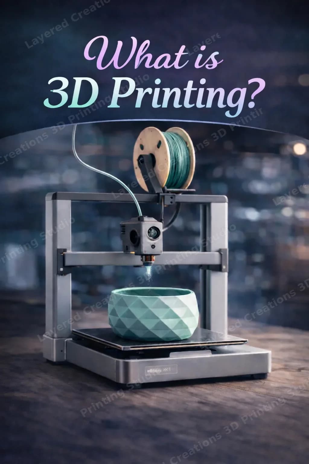 What is 3D Printing? A 3D printer creating a geometric bowl from teal filament