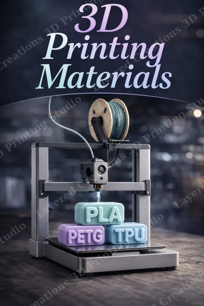 3D Printing Materials — a 3D printer printing blocks labelled PLA, PETG and TPU