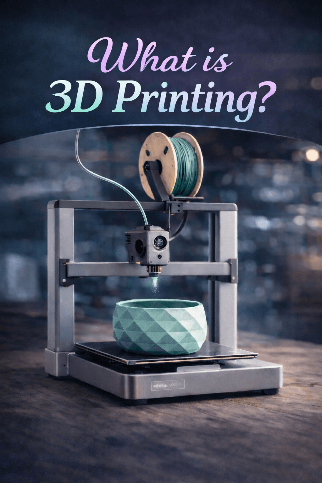 What is 3D Printing? A 3D printer creating a geometric bowl from teal filament