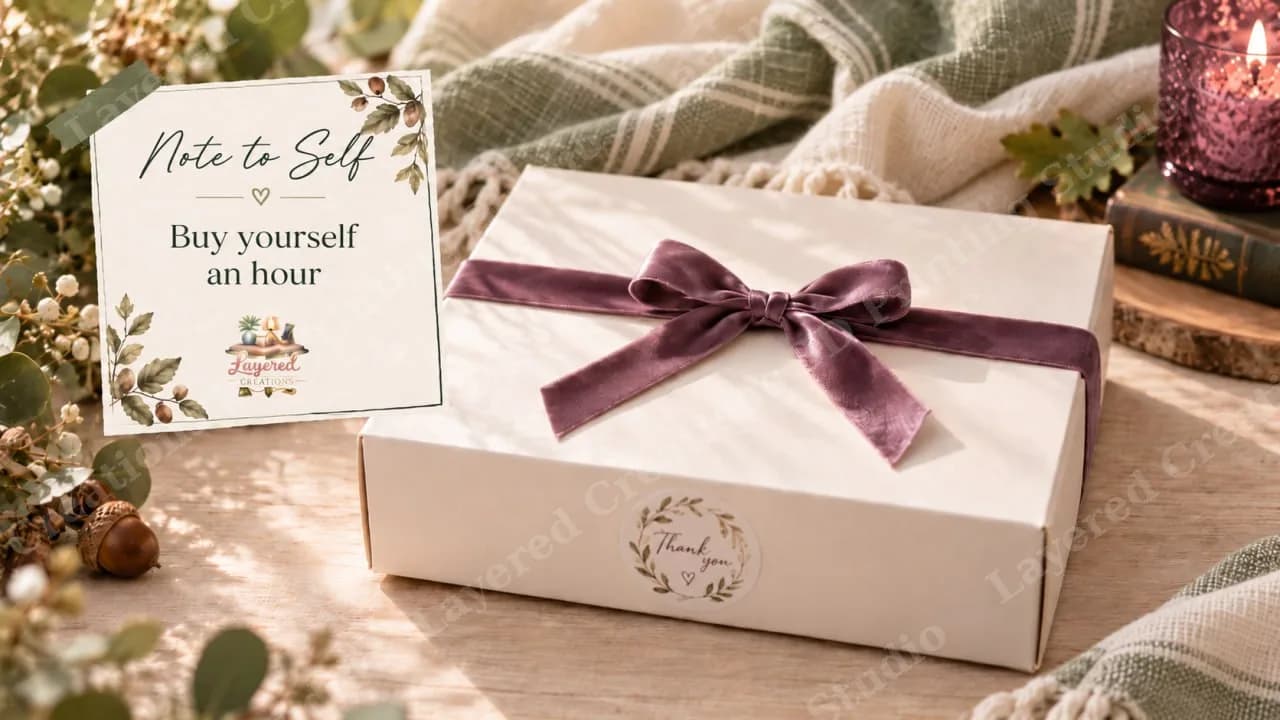 The October Buy Yourself an Hour Craft Box — cream gift box with a plum velvet ribbon and a Note to Self card reading Buy yourself an hour